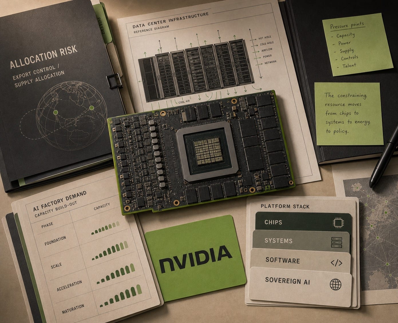 Premium editorial still-life of an NVIDIA AI infrastructure case with NVIDIA source-mark card, central generic GPU accelerator board, data-center rack diagram, AI factory demand ledger, allocation-risk folder, and platform stack cards for chips, systems, software, and sovereign AI