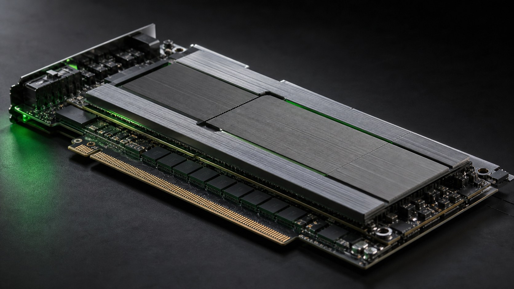 Enterprise AI accelerator board photographed on a dark engineering bench.