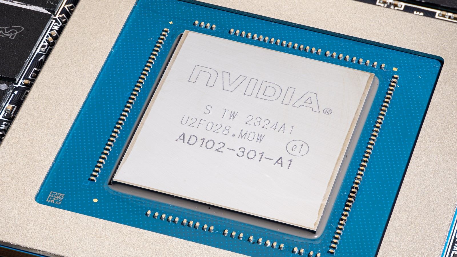 Nvidia AD102 chip close-up from a GeForce RTX 4090 card.