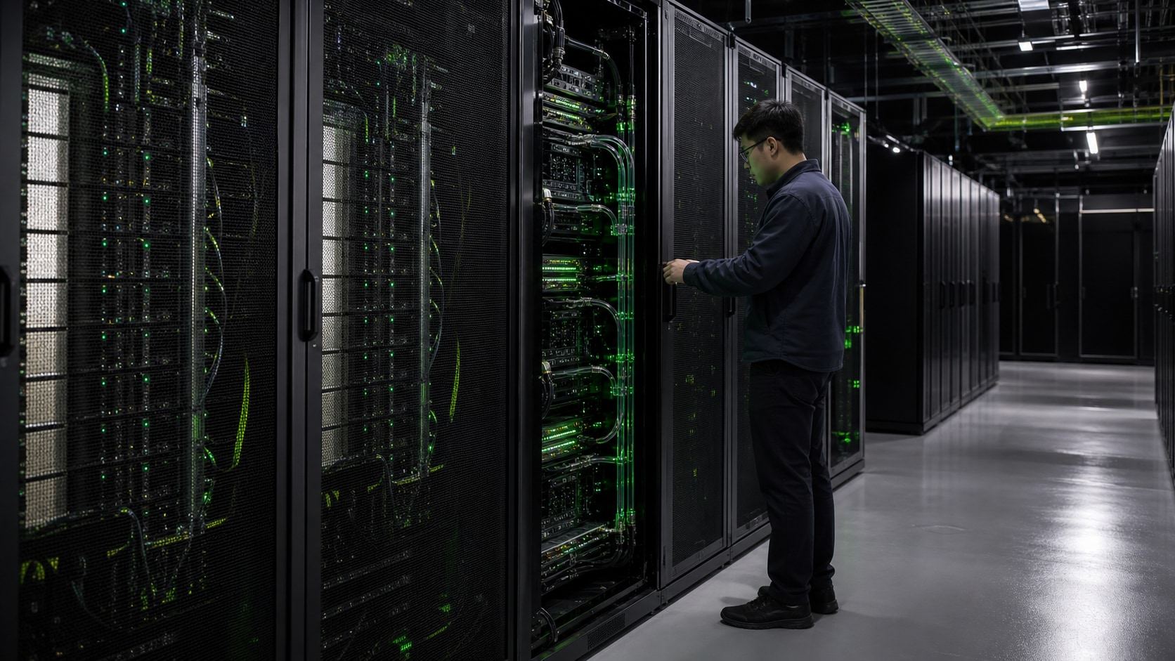 Engineer inspecting liquid-cooled GPU compute racks in a modern AI data center.