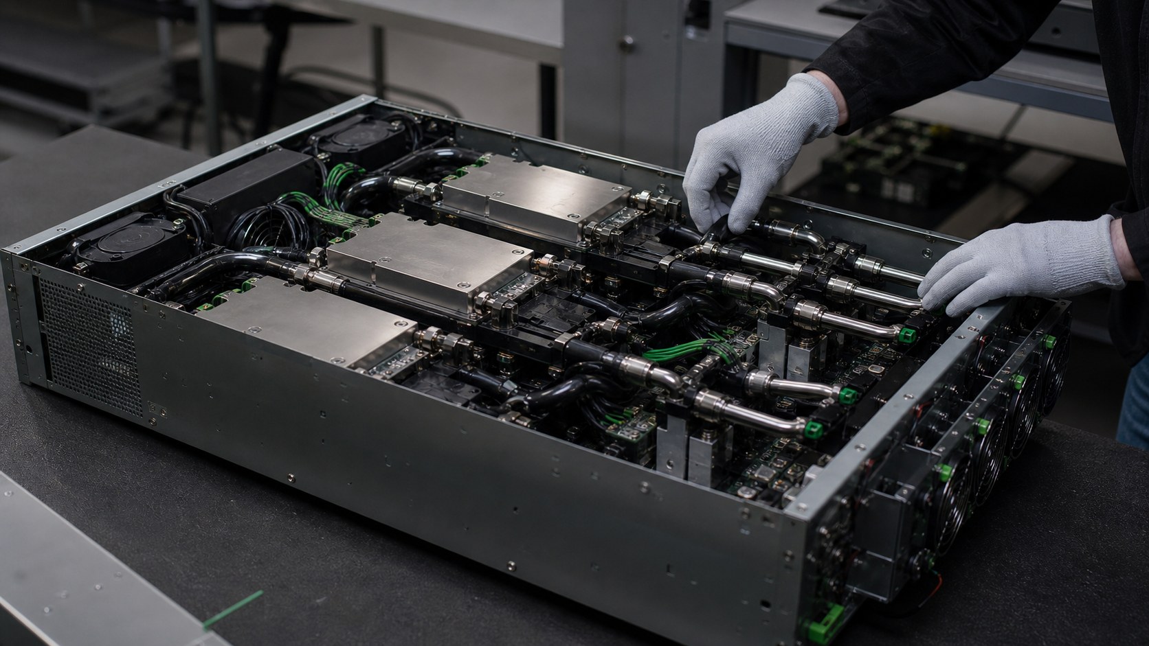 Engineer inspecting a liquid-cooled multi-accelerator compute system.