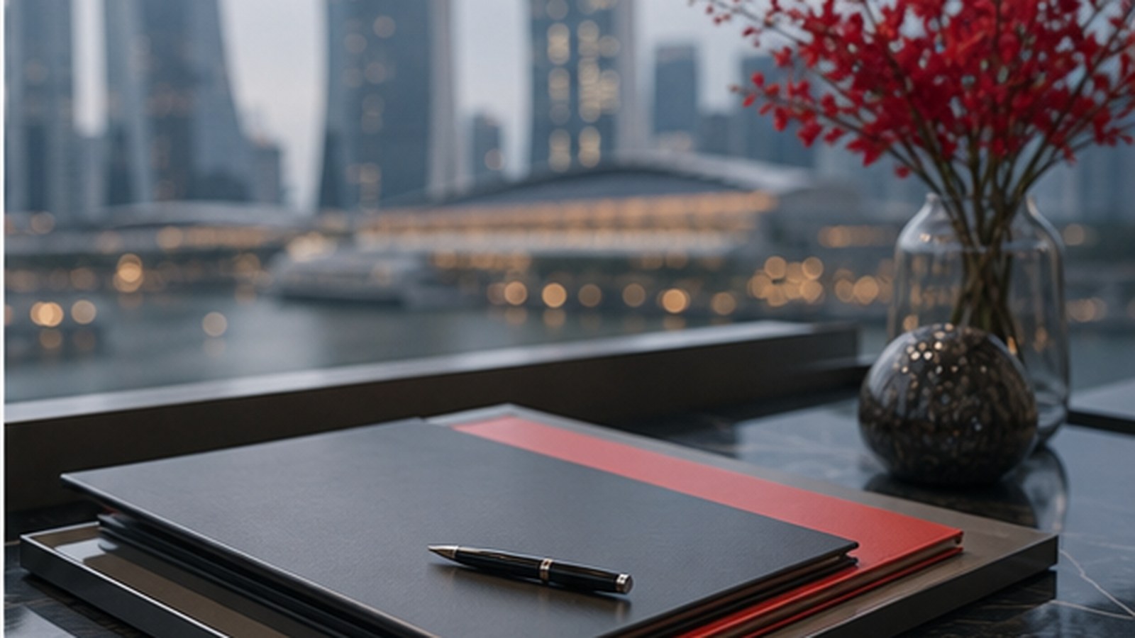 An advisor reviews investment materials with a client in Singapore.