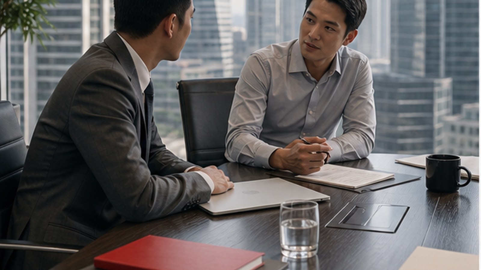A small-business owner reviews operating plans with a banking advisor.