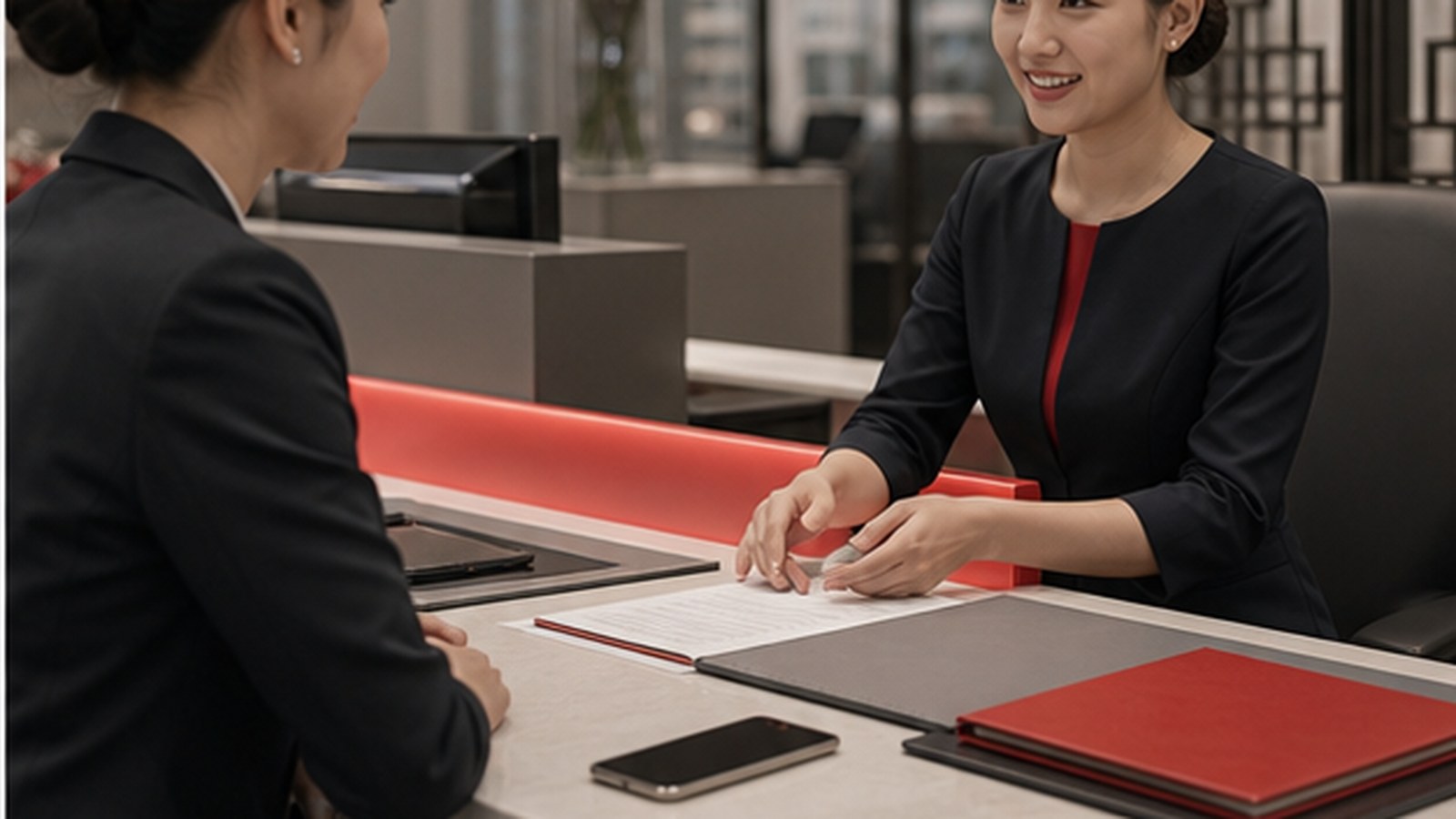 A customer discusses everyday banking with an advisor at a branch table.