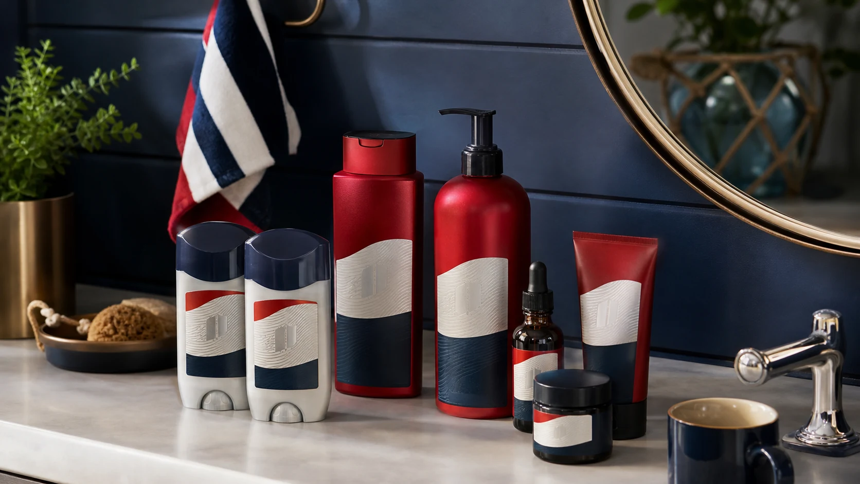 Premium grooming shelf with multiple product formats and red navy cues, no logos