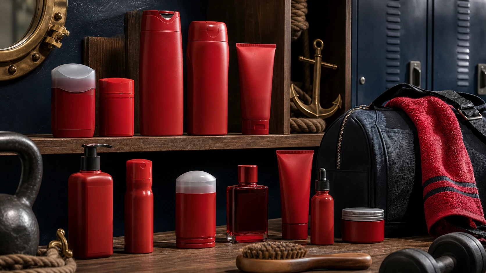 Old Spice-style grooming product family with red deodorant, body wash, hair and beard care forms, gym bag, nautical cue, and no logos or lettering.