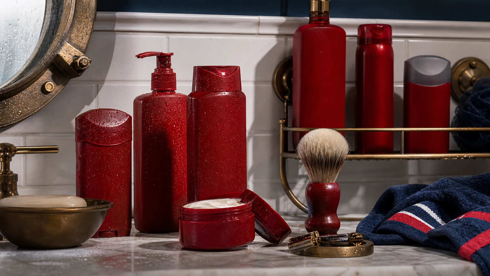 Old Spice-style red grooming product system on a bathroom shelf with shaving and nautical cues, no readable labels.