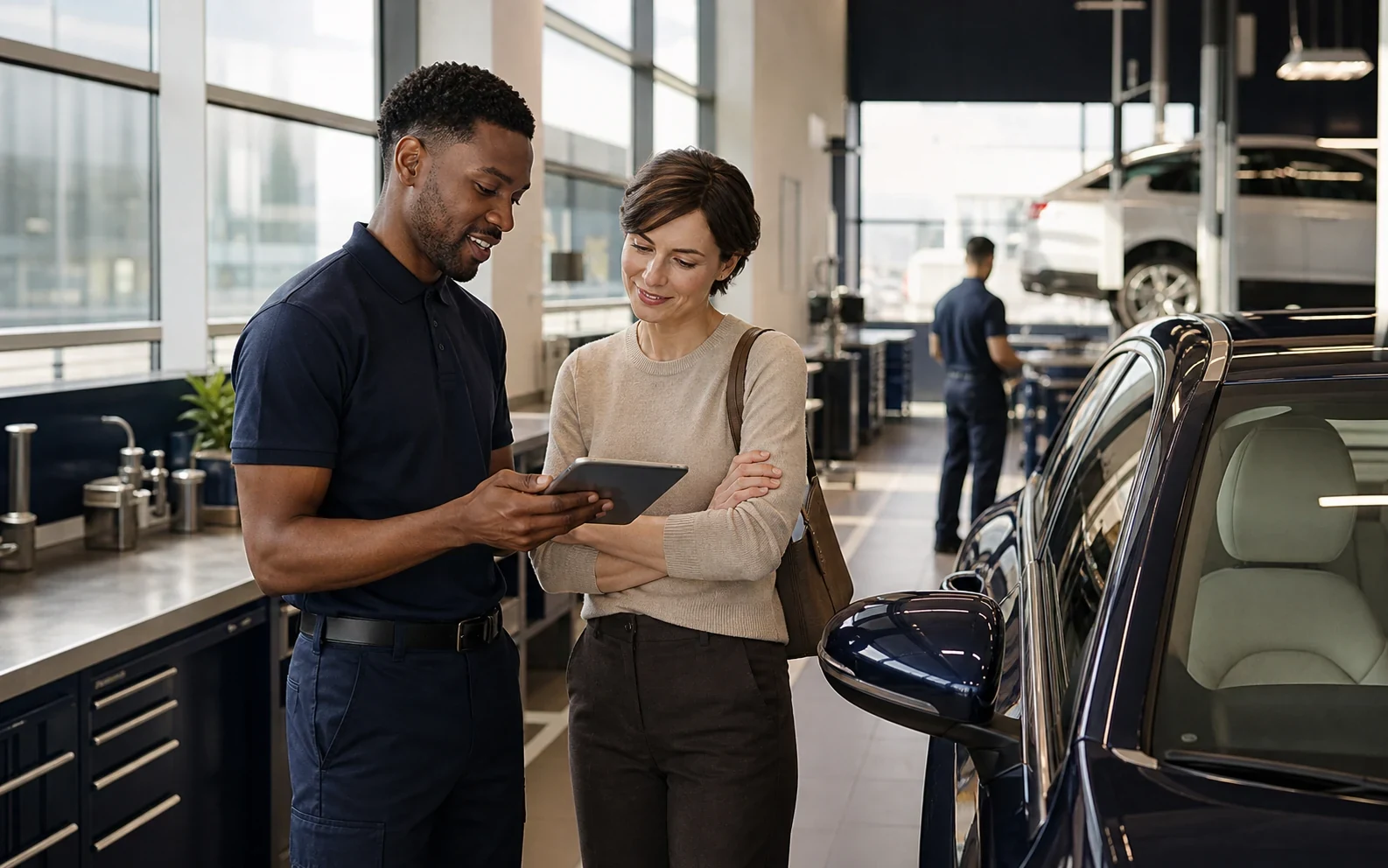 Customer and service worker inspecting a repair handoff beside an active workshop.