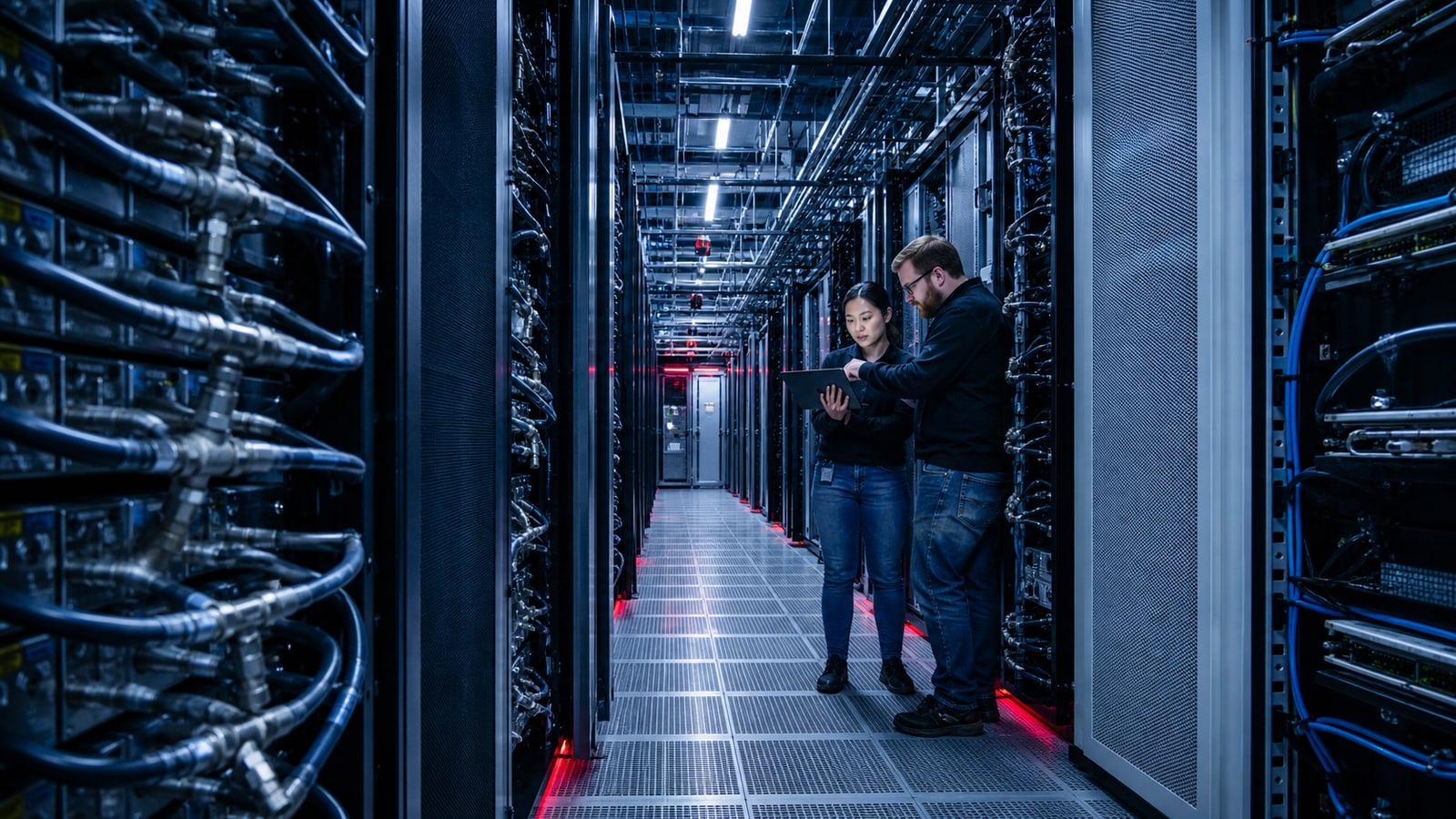 Infrastructure engineers inspect a large liquid-cooled enterprise data-center aisle.