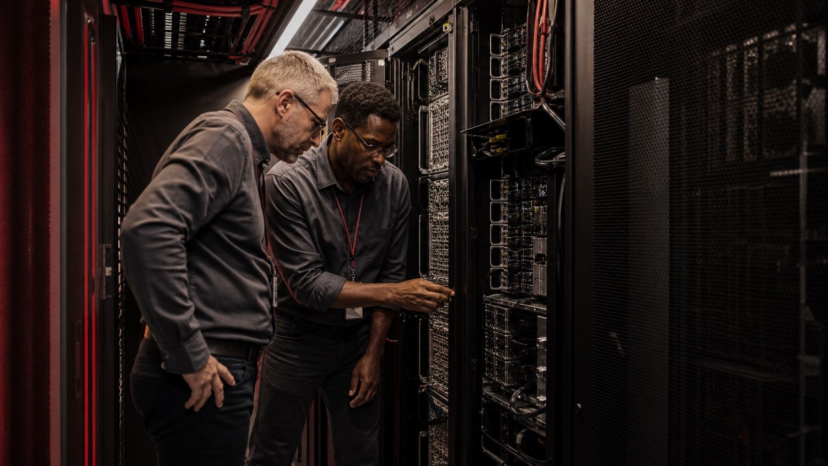 Enterprise infrastructure engineers physically inspect server racks and cabling in a secure data center.