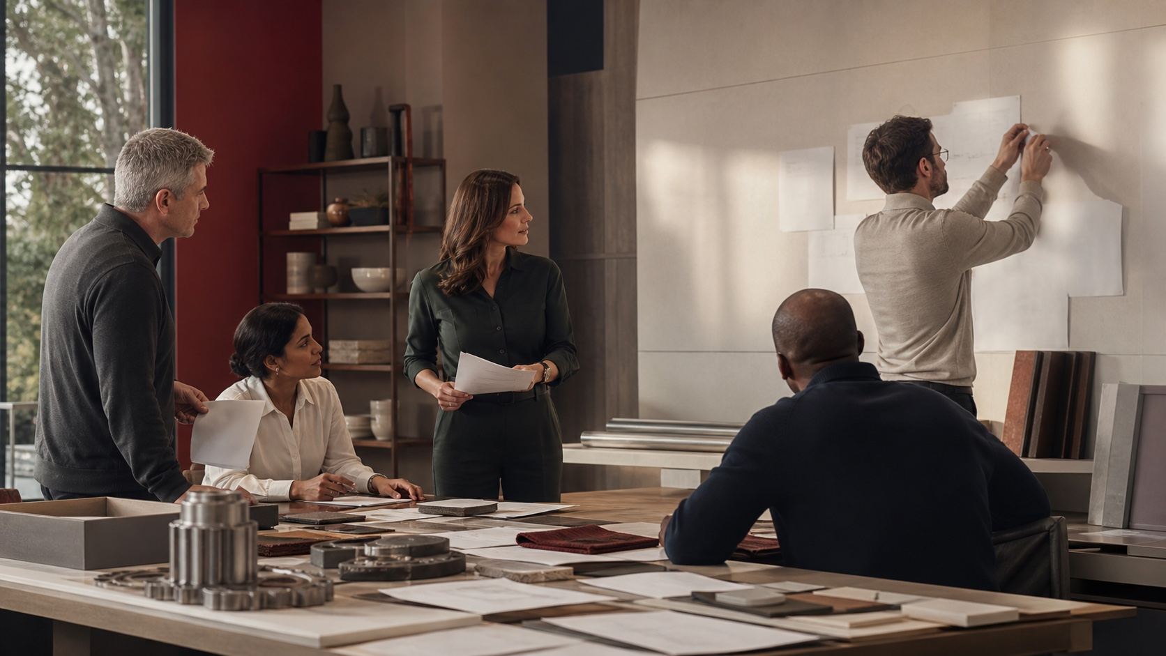 A cross-functional leadership team coordinates operations with physical materials and a blank planning wall.