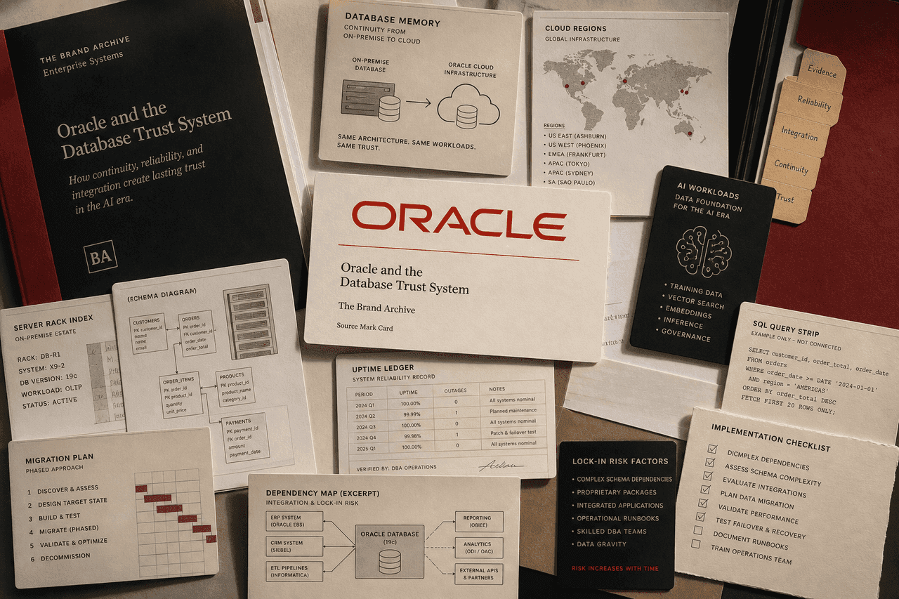Premium editorial still-life of an Oracle trust system case with Oracle source-mark card, database memory card, cloud region map, uptime ledger, schema diagram, SQL strip, migration checklist, and implementation risk notes