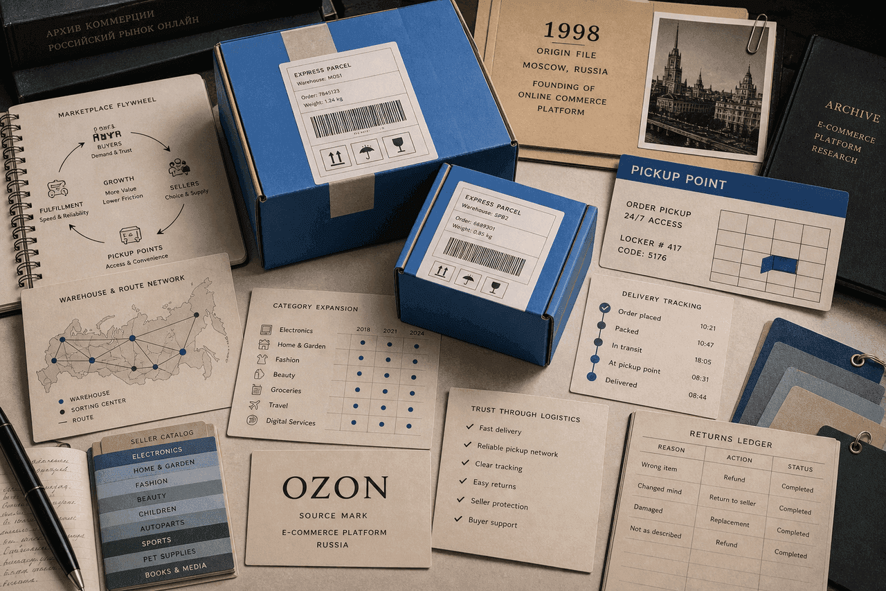Premium editorial still-life of an Ozon marketplace logistics case with source-mark card, blue parcel boxes, dummy barcode labels, pickup point card, 1998 origin file, warehouse map, seller catalog tabs, tracking card, and returns ledger