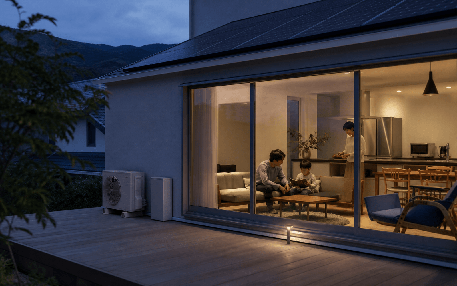 Photorealistic Panasonic story scene connecting a battery cell, factory operation, climate system, connected workplace, and home appliance without visible logos.
