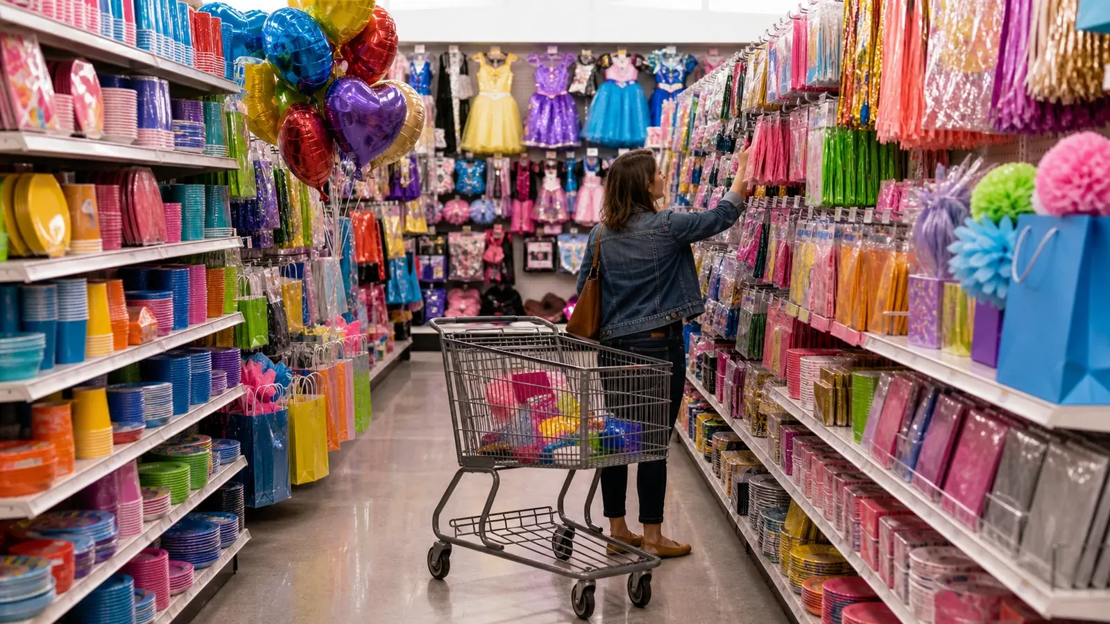 A compact mass-retailer aisle carrying party tableware, decorations, balloons, and costumes.