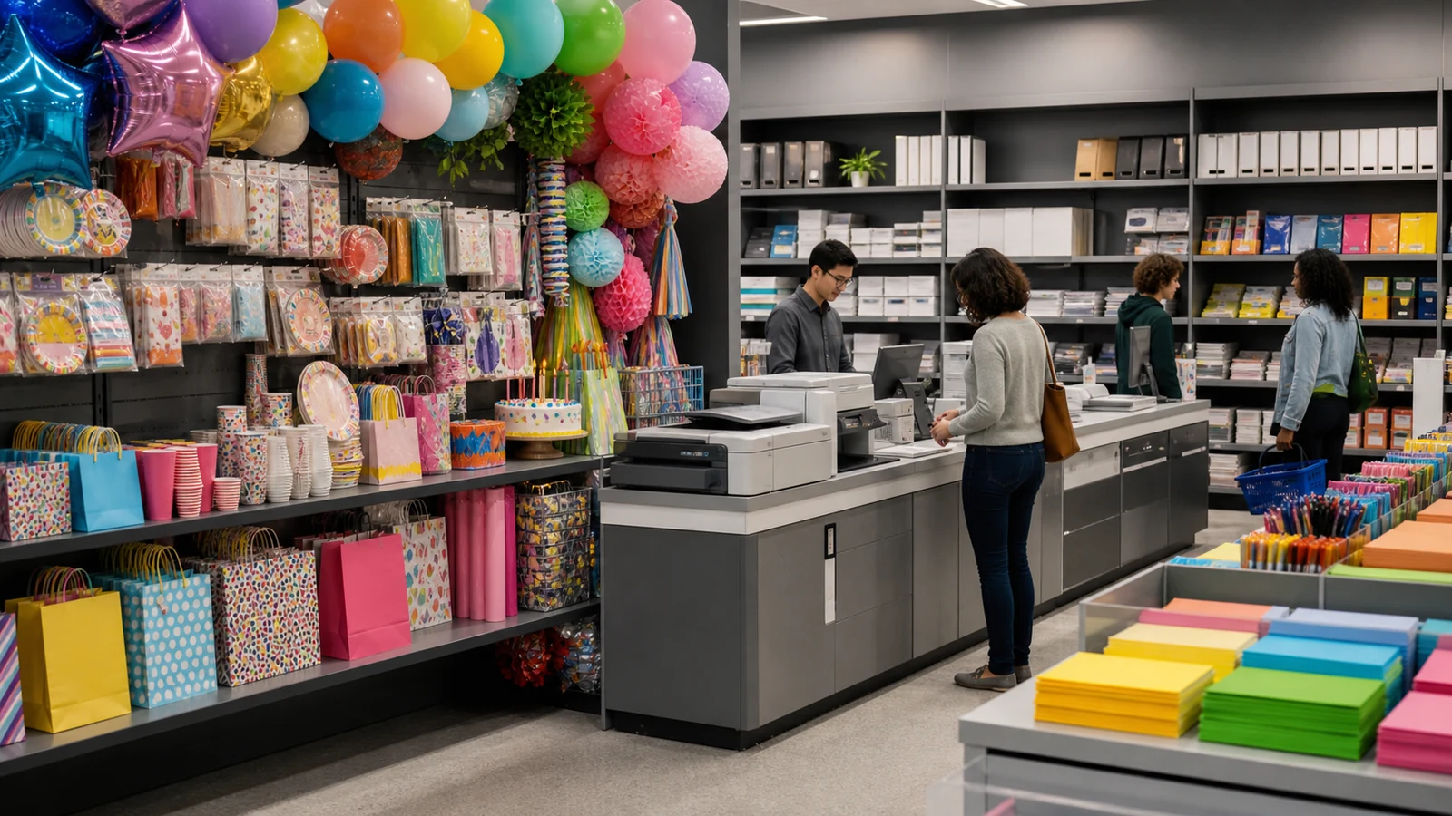 Party supplies and balloons integrated beside an unbranded office-supply print counter.