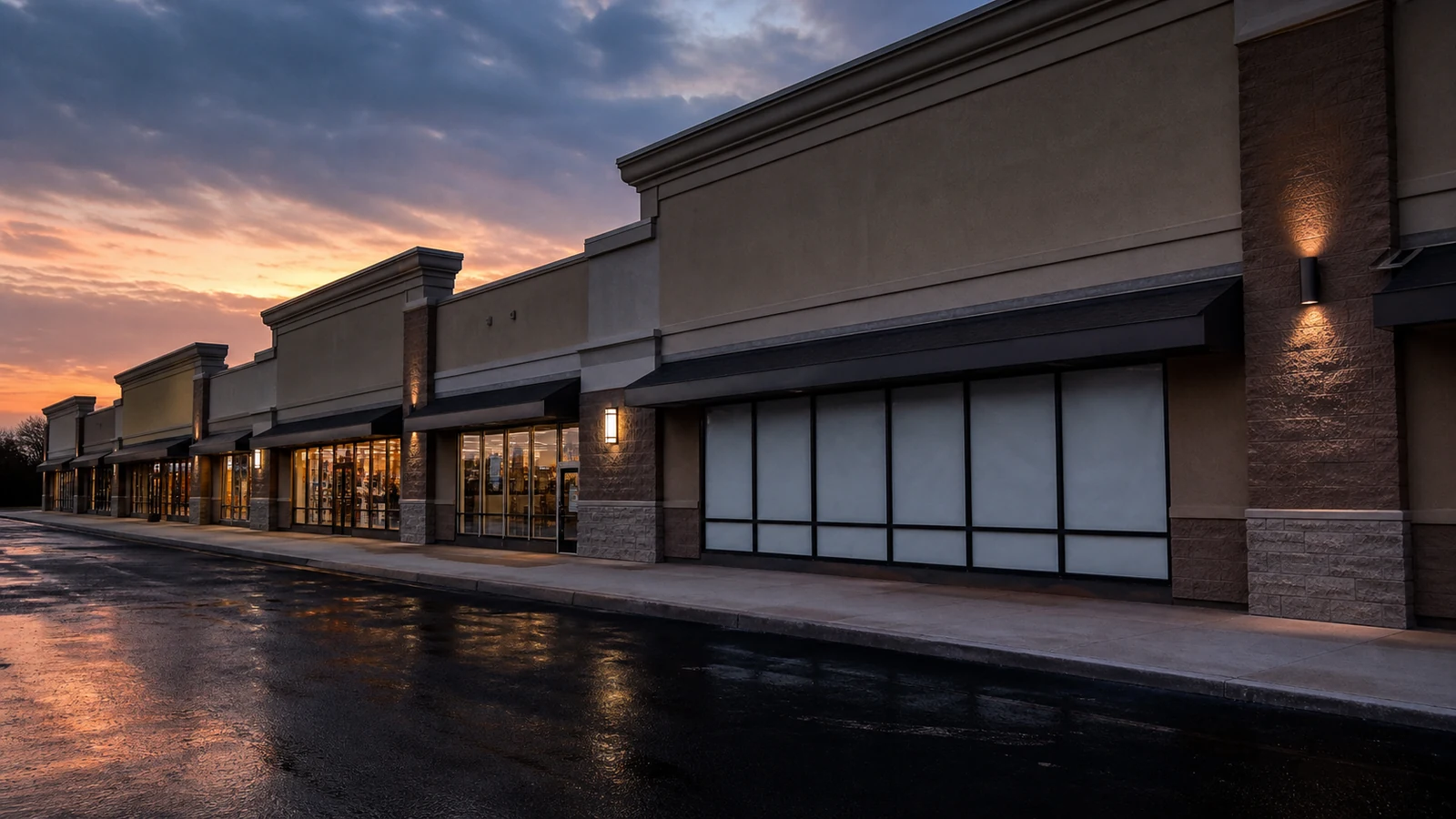 A vacant unbranded big-box retail bay beside operating suburban stores.