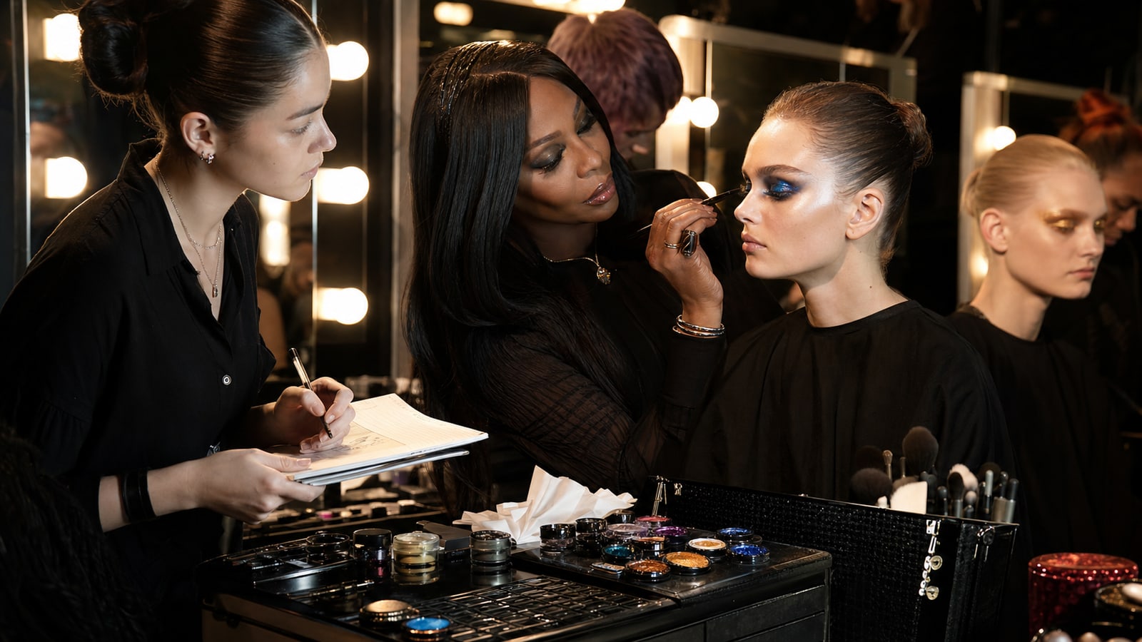 A master makeup artist teaches a backstage team to apply highly pigmented jewel-tone cosmetics before a fashion show.