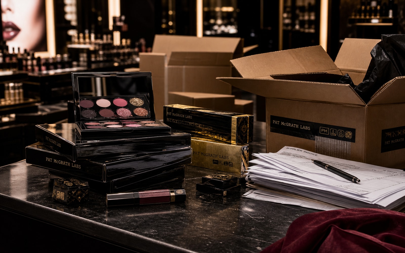 A Pat McGrath Labs prestige beauty counter with black-and-gold packaging, pigment palettes, supplier files, and restructuring papers.