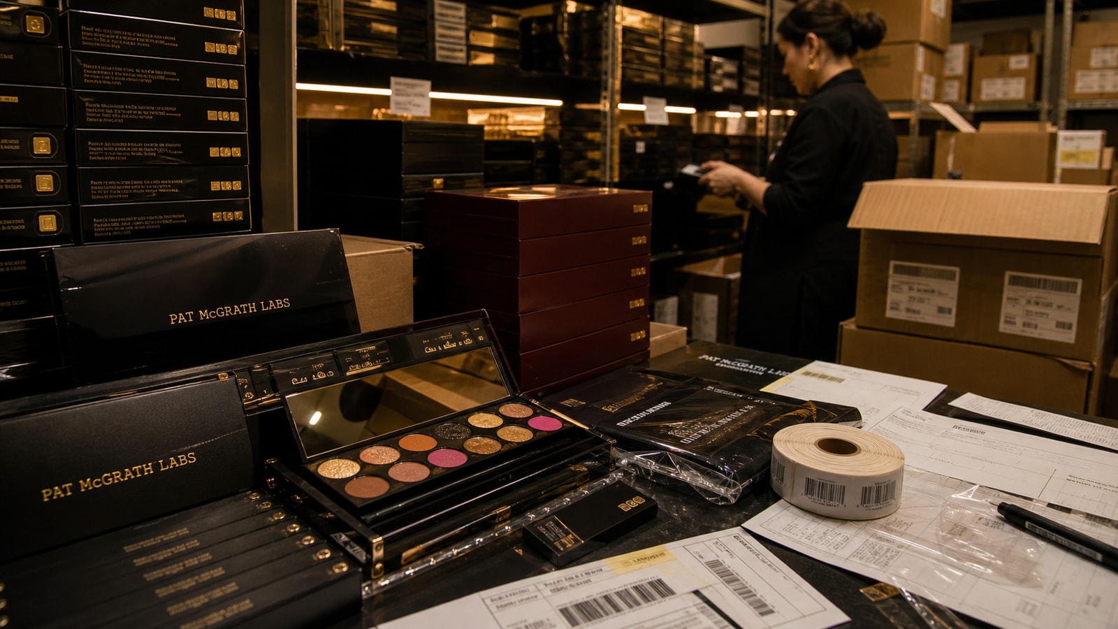 Luxury beauty stockroom with Pat McGrath Labs cartons, palette trays, and vendor invoices.