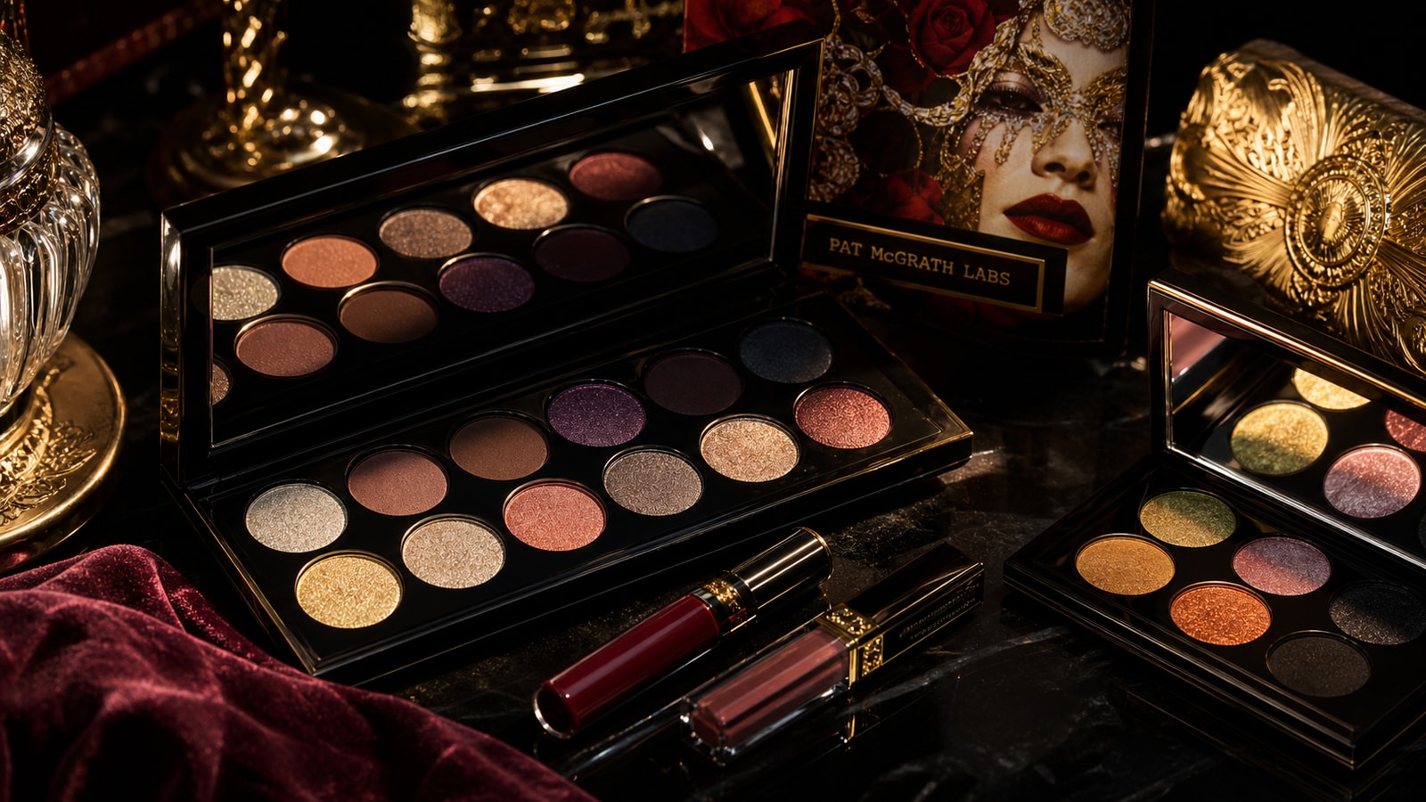 Pat McGrath Labs pigment palettes and black-and-gold packaging on a luxury beauty counter.