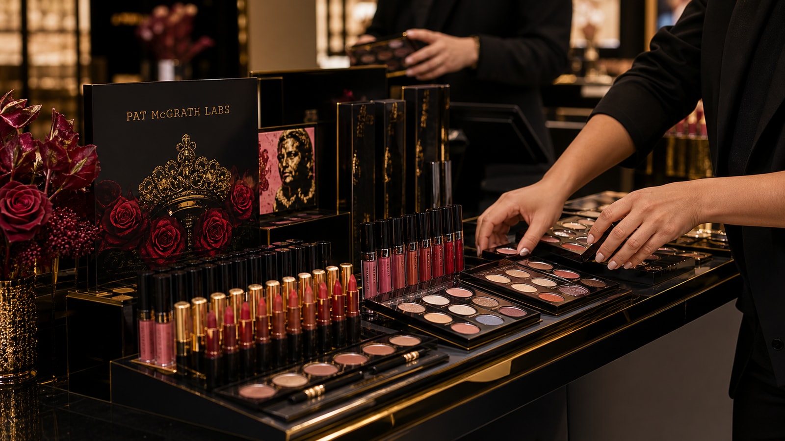 A reset prestige beauty counter after Pat McGrath Labs restructuring with tighter black-and-gold display.