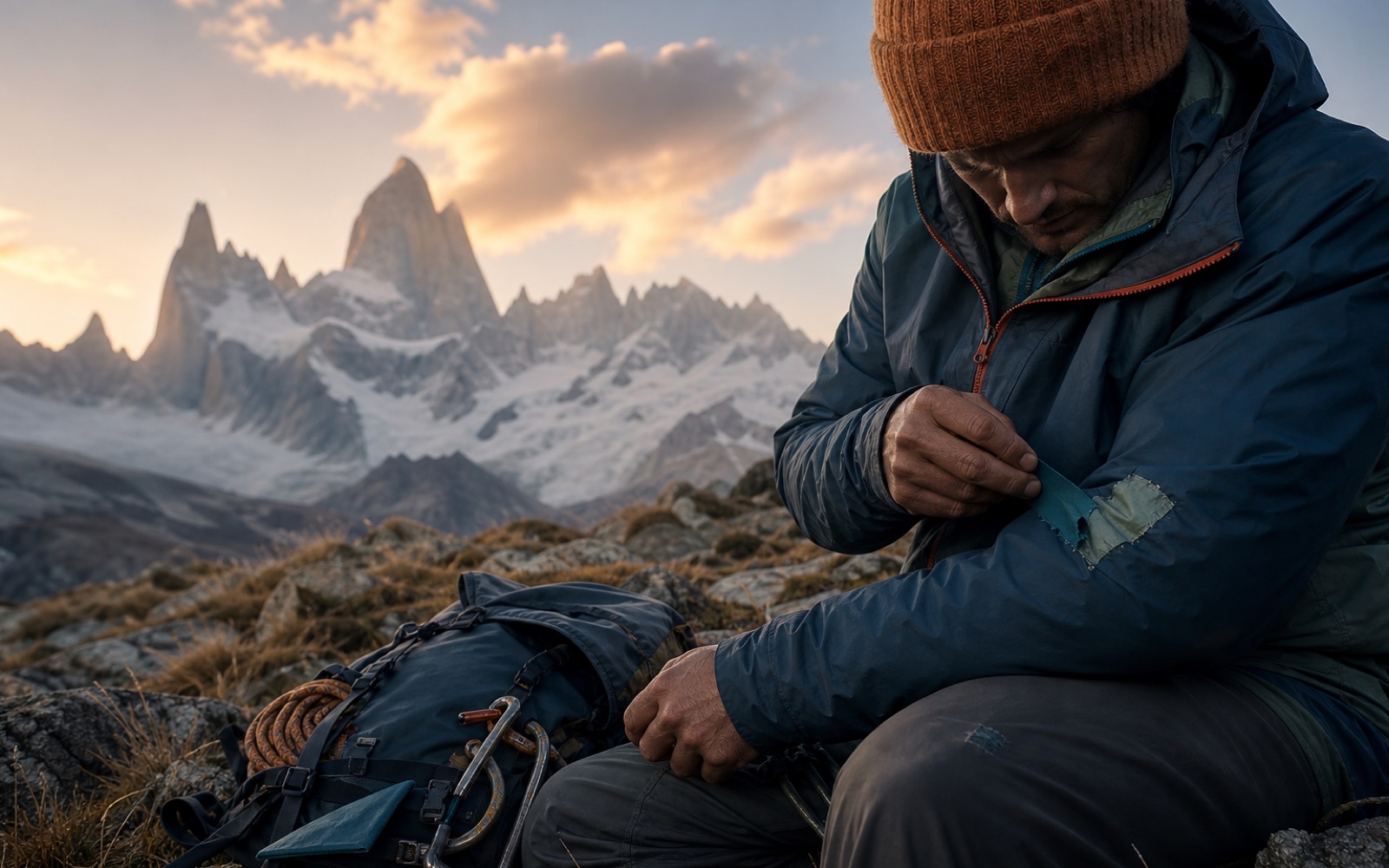 Patagonia outdoor jacket and repaired technical gear in a mountain workshop setting.