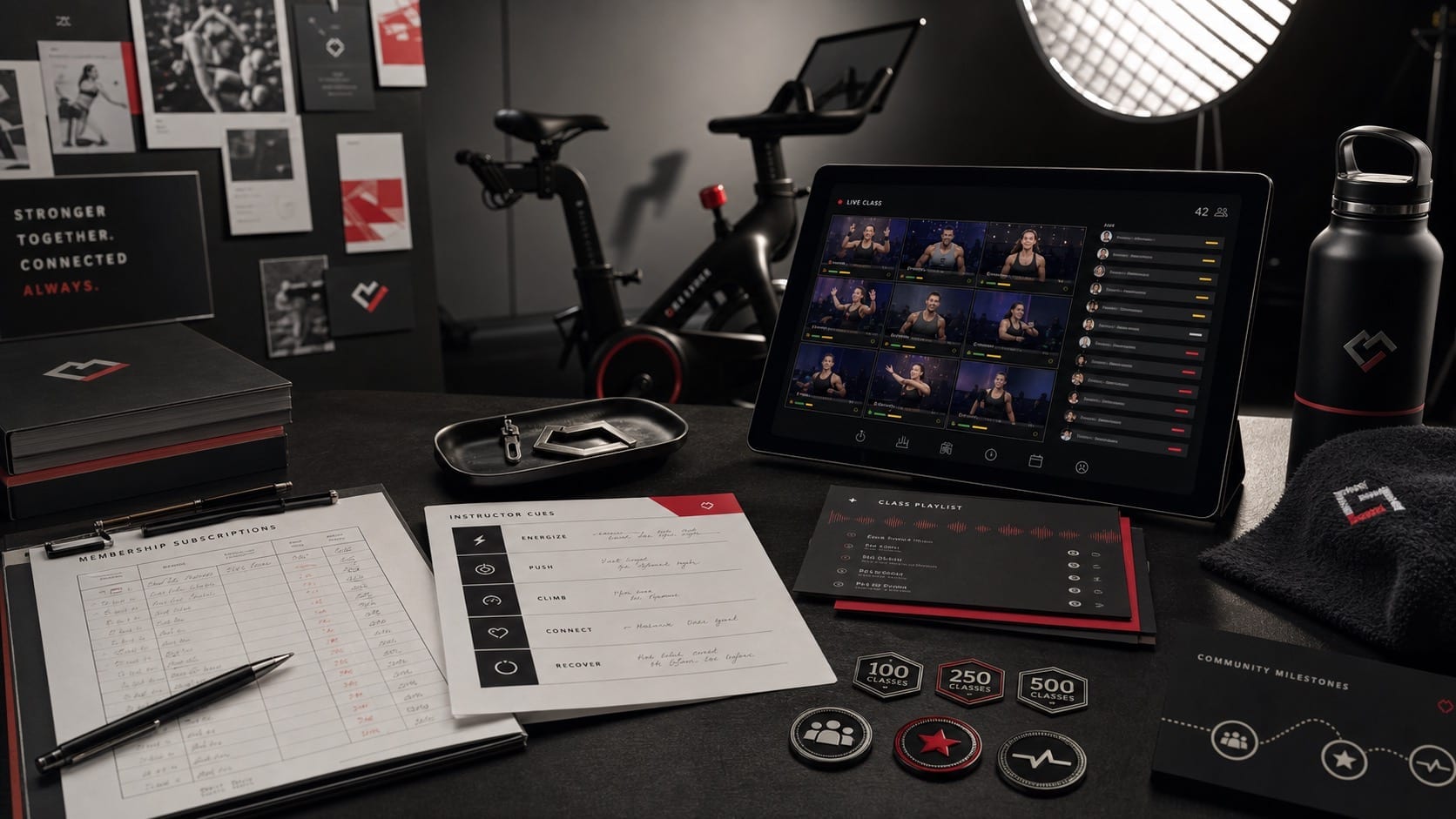 Premium editorial still-life of a Peloton connected fitness instructor community case with source-mark card, stationary bike silhouette, class screen mockup, leaderboard bars, instructor cue cards, playlist cards, subscription ledger, and community milestone badges