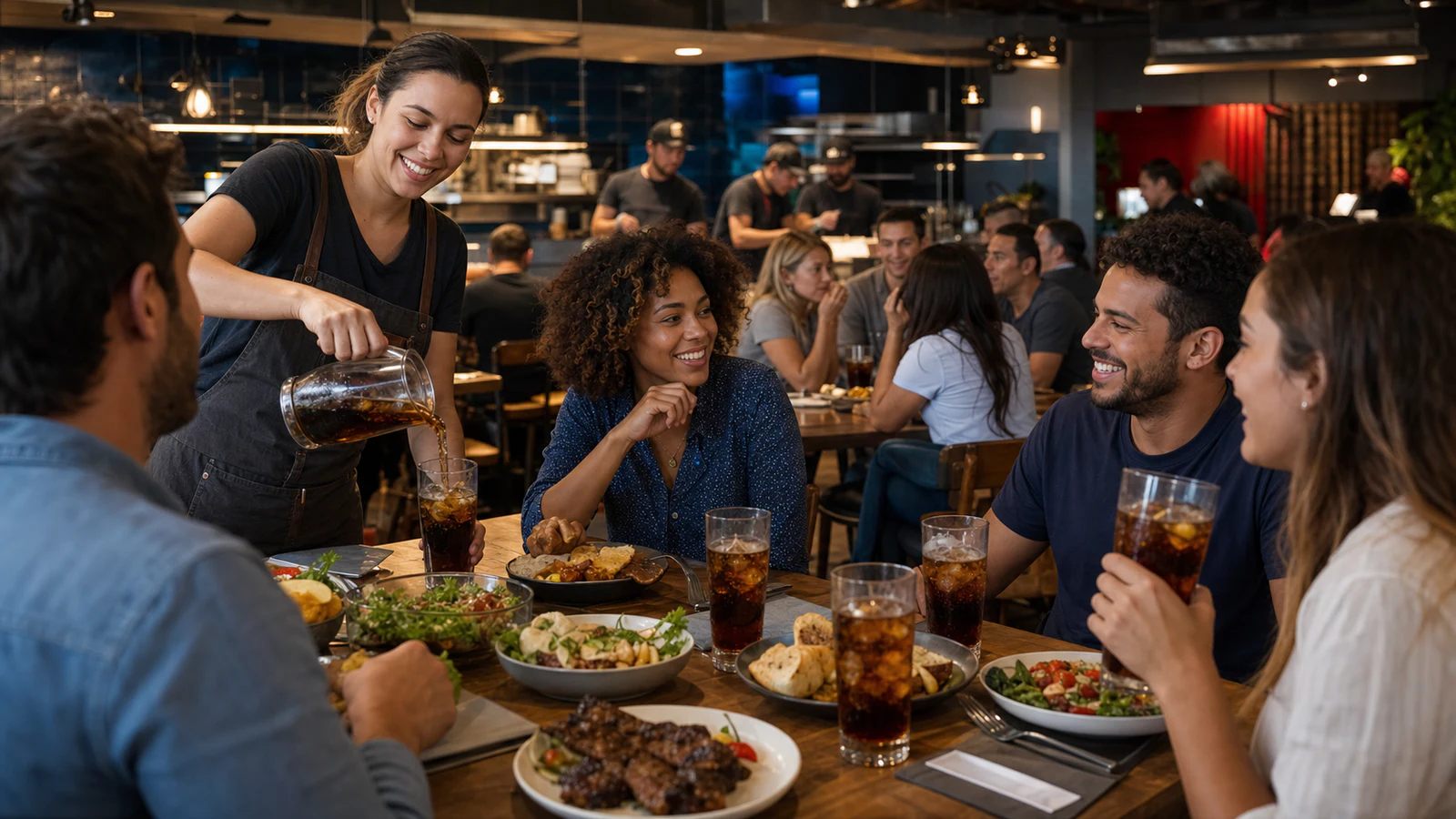 Restaurant server pouring unbranded cola with ice for guests sharing a meal.