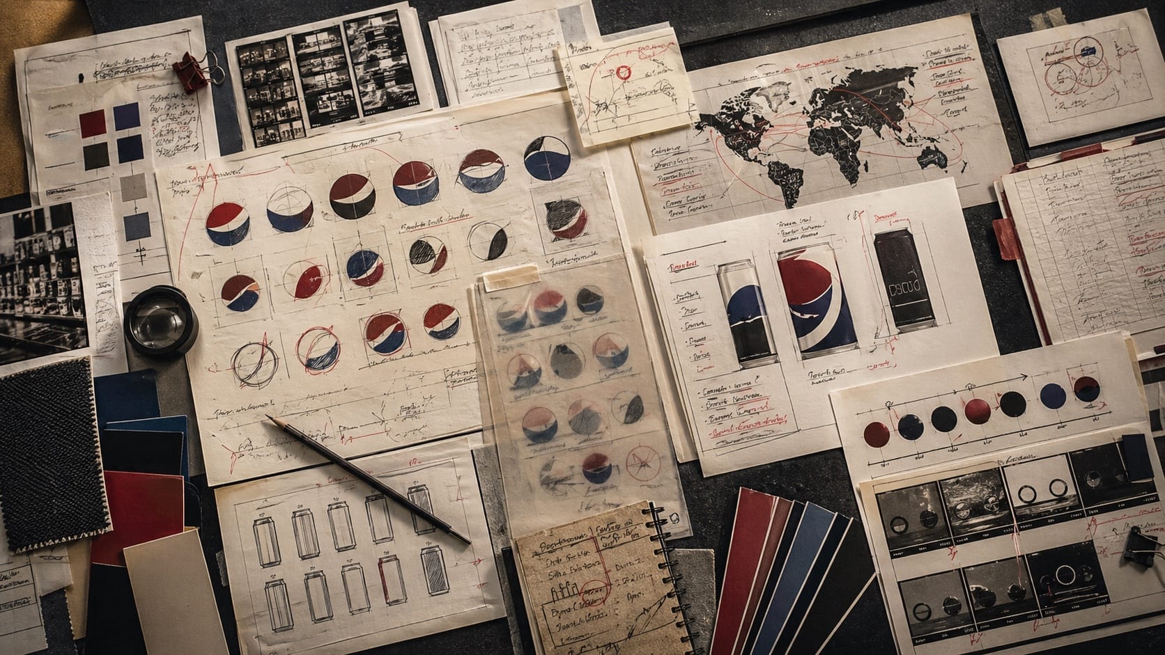 Editorial editorial table with circular identity studies, can layout notes, color swatches, and rollout evidence