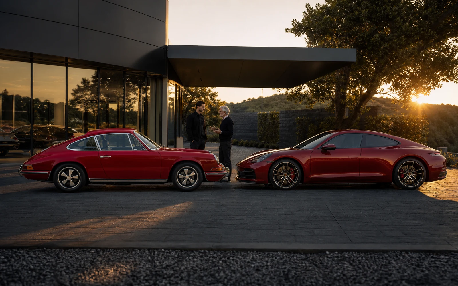 Classic and current Porsche 911 models shown together with owners in a restrained enthusiast setting.