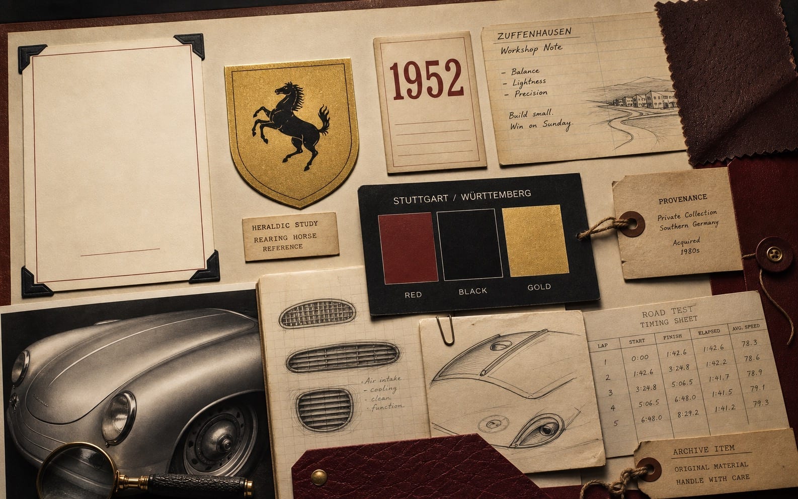 Premium editorial still-life of a Porsche crest sports-car proof case with heraldic shield study, 1952 card, Zuffenhausen workshop note, Stuttgart and Wurttemberg color swatches, sports-car hood study, and road-test sheet