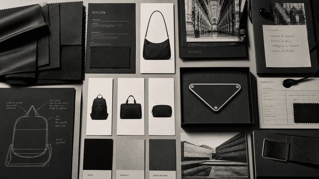 Premium editorial still-life of a Prada nylon luxury case with black nylon fabric samples, minimalist product cards, Milan architecture file, material test sheets, triangular abstract plaque, palette swatches, and archive notes
