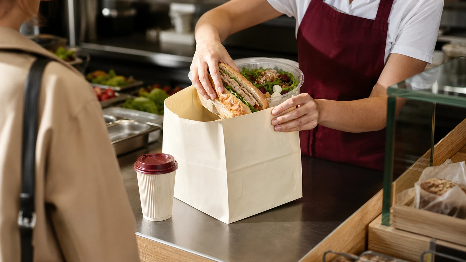 Fresh baguette sandwich and salad bowl being packed into a cream carry bag at a city lunch counter.