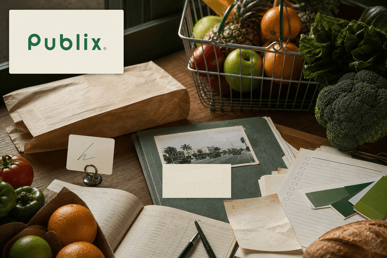 Premium editorial still-life of a Publix grocery service case with Publix source-mark card, produce basket, plain bakery bag, employee-owner ledger, Winter Haven origin folder, service card, checklist, receipt dummy, and green color swatches