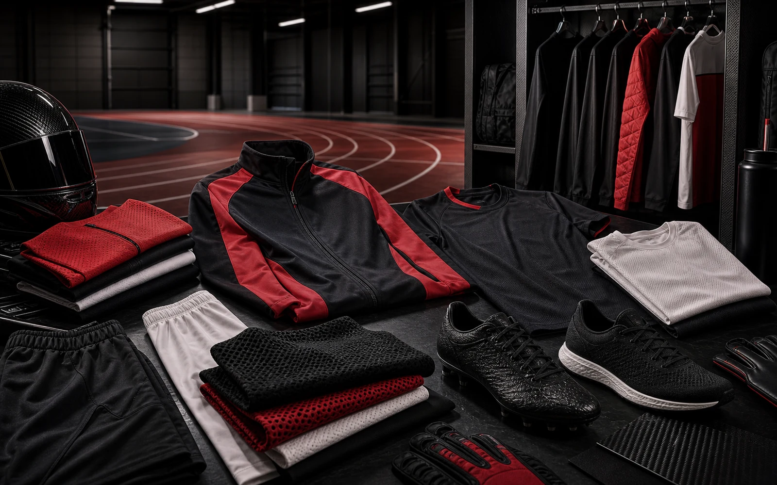 Photorealistic sports-performance development workbench with unbranded football boots, running spike materials, red-black-white fabric swatches, track photo, calipers, stopwatch, and blank product notes.