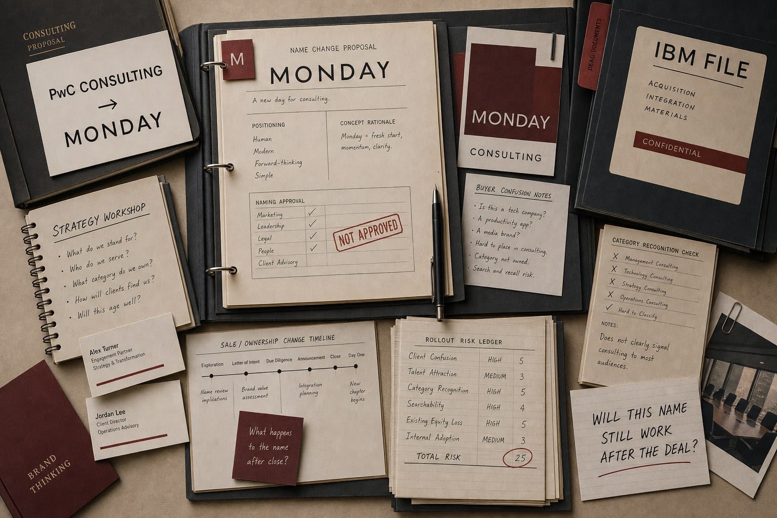 Premium editorial still-life of a PwC Consulting Monday naming case with source-mark card, consulting proposal binder, business cards, IBM file, buyer confusion notes, name approval sheet, category checklist, and acquisition timeline