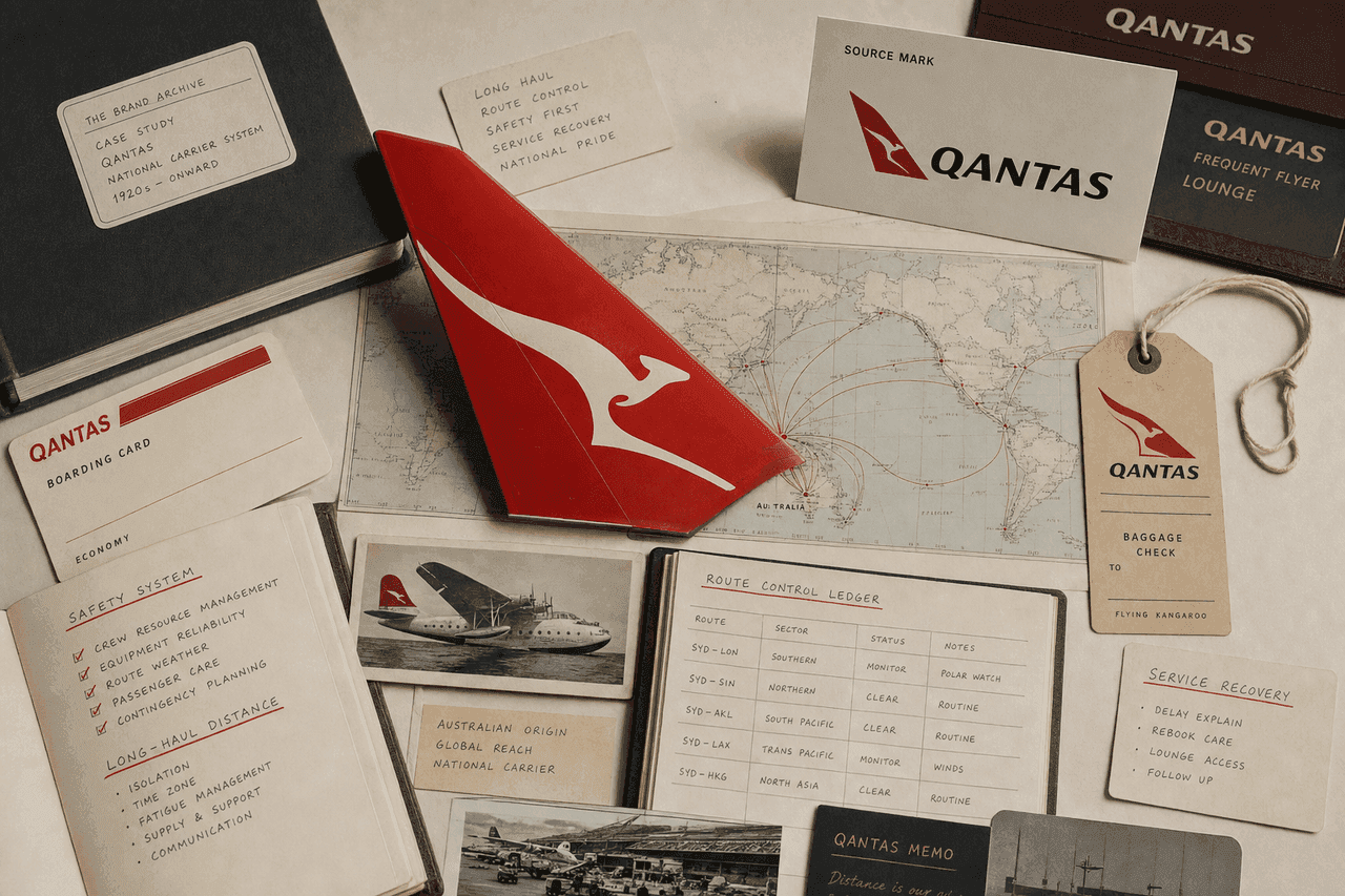 Premium editorial still-life of a Qantas Flying Kangaroo national carrier case with Qantas source-mark card, red aircraft tail study, Australia route map, boarding pass card without passenger data, safety checklist, frequent flyer card, lounge tag, and long-haul distance notes