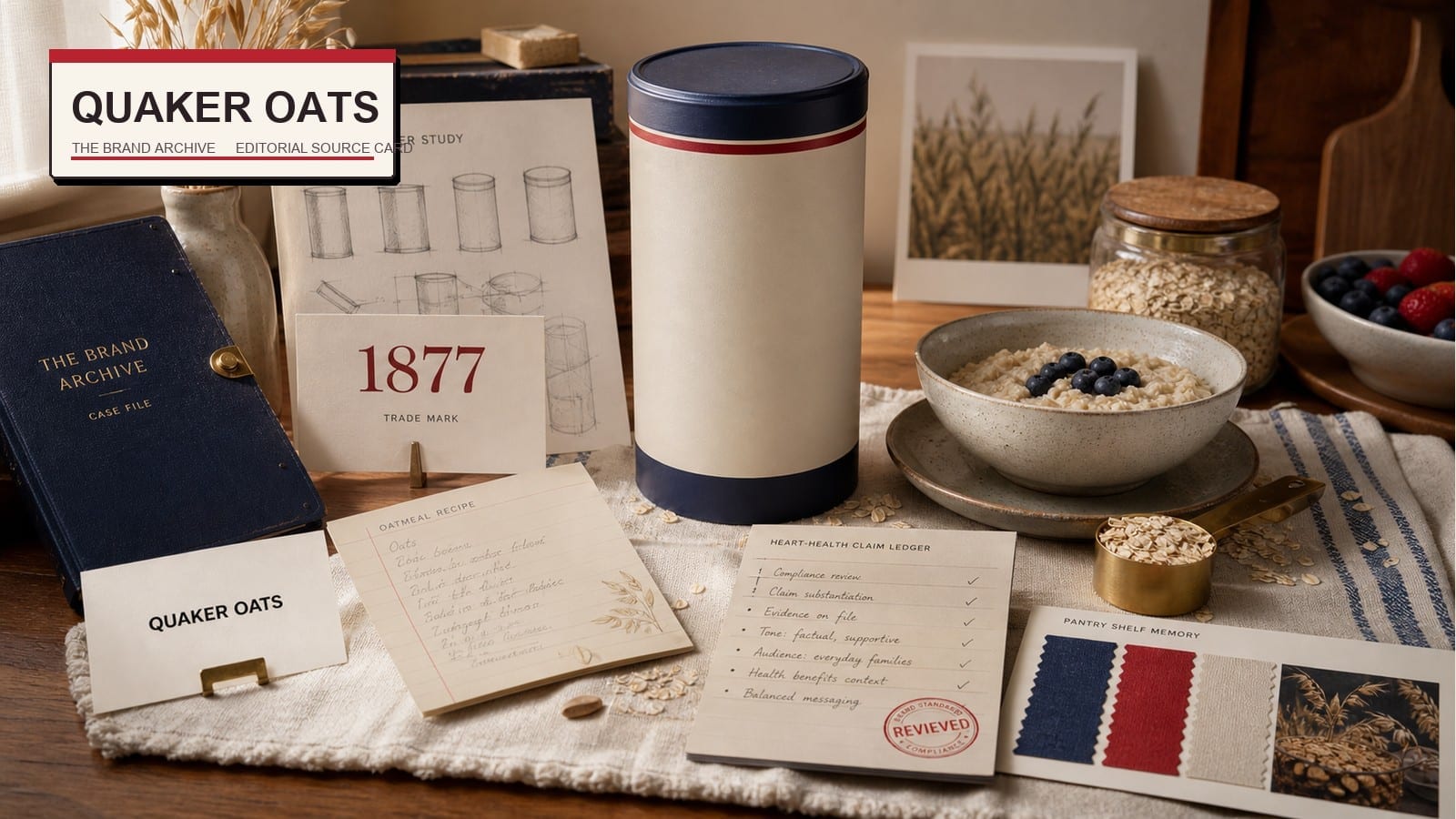 Premium editorial still-life of a Quaker Oats breakfast trust symbol case with Quaker Oats source-mark card, plain oats canister, oat grains, scoop, breakfast bowl, recipe card, 1877 trademark card, compliance notes, and pantry swatches