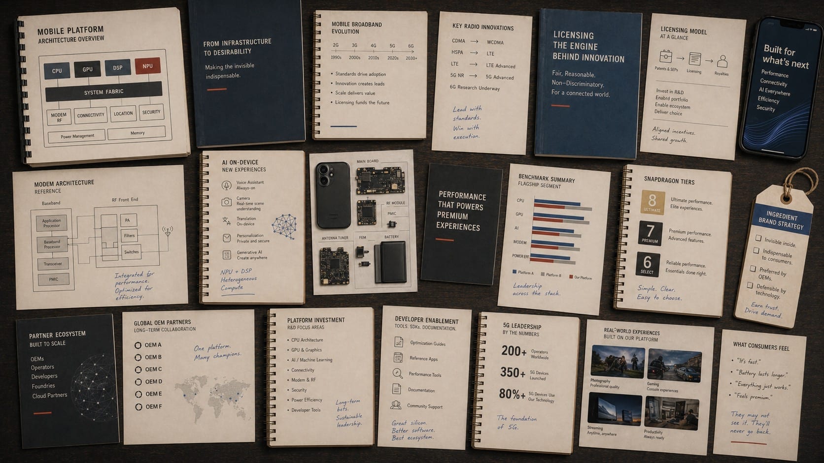 Premium editorial still-life of a Qualcomm and Snapdragon ingredient-brand case with chipset diagrams, standards notes, OEM boards, benchmark sheets, and premium-tier positioning documents