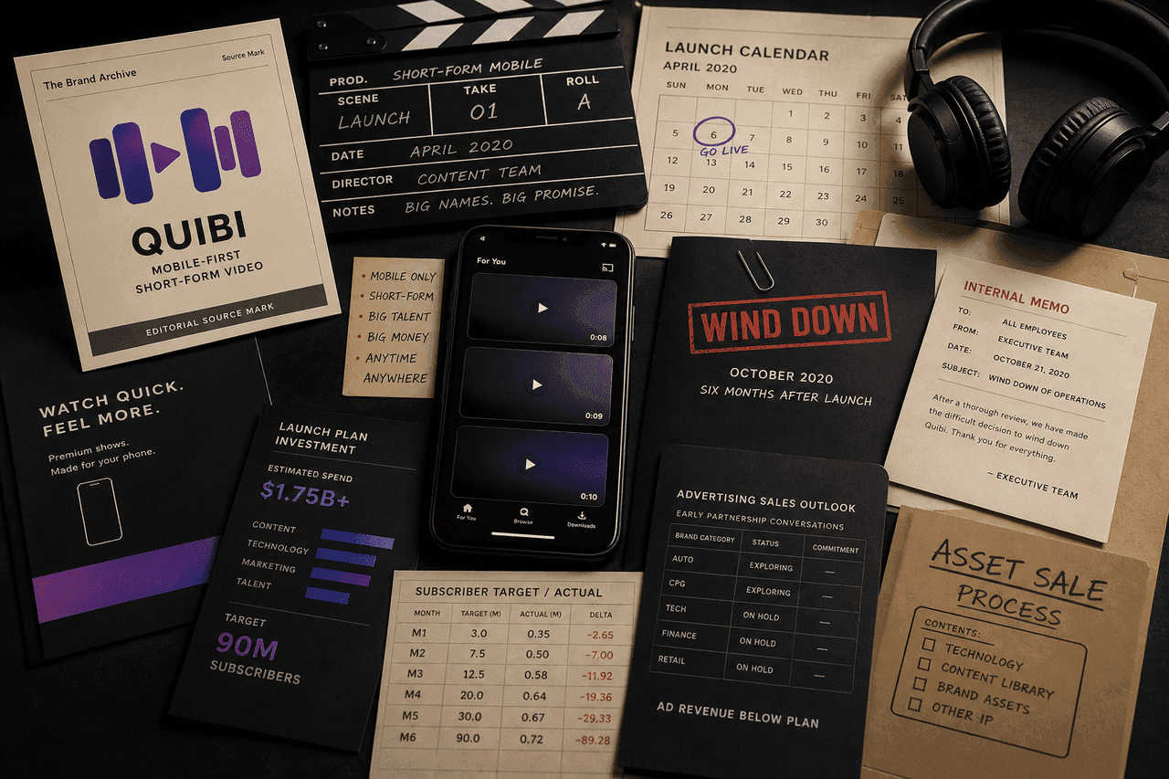Premium editorial still-life of a Quibi failed-brand case with smartphone video cards, launch calendar, production slate, subscriber target ledger, ad-sales outlook, wind-down folder, and asset-sale process file