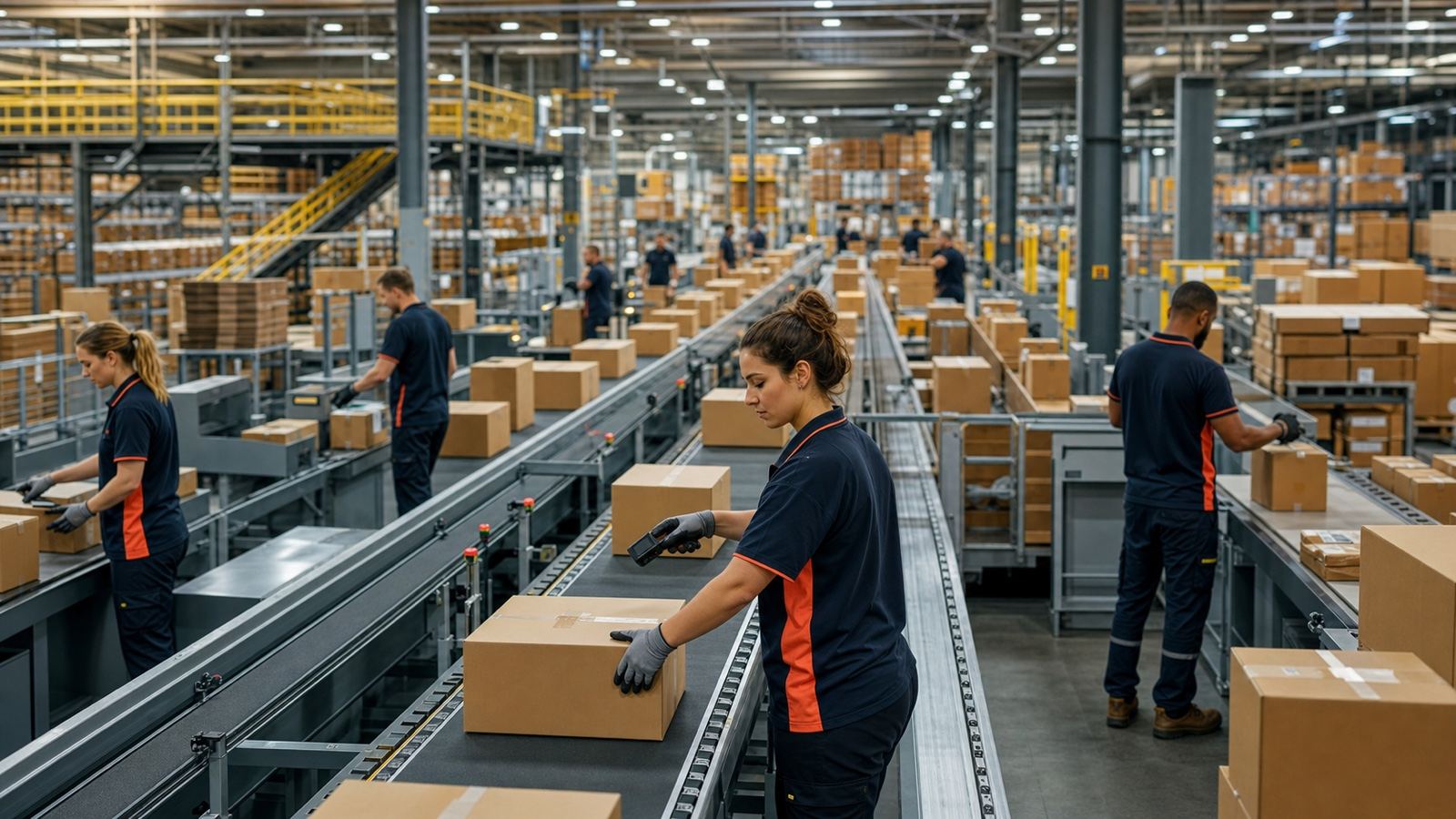 A logo-free large fulfillment center with conveyors, parcels, scanners, and workers.