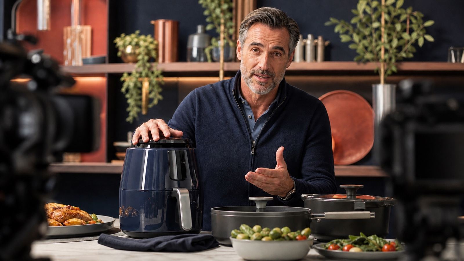 A logo-free live-shopping host demonstrating a kitchen appliance on a studio set.