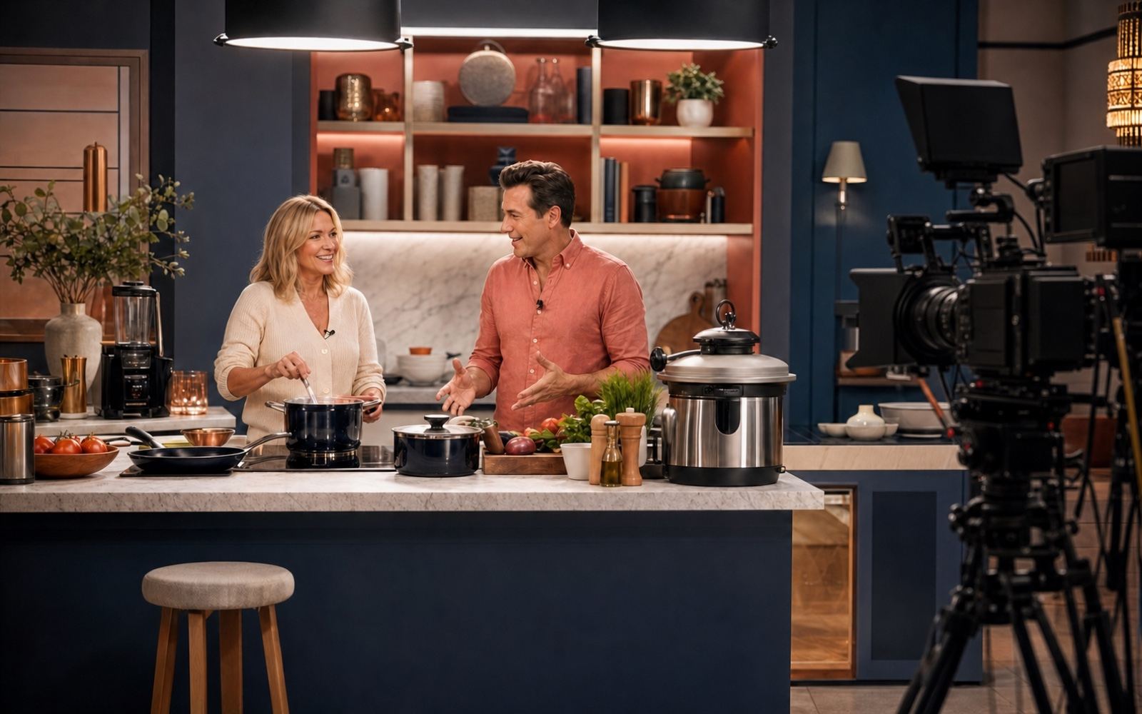 A logo-free live-shopping studio demonstration with host, guest, product set, and broadcast lighting.