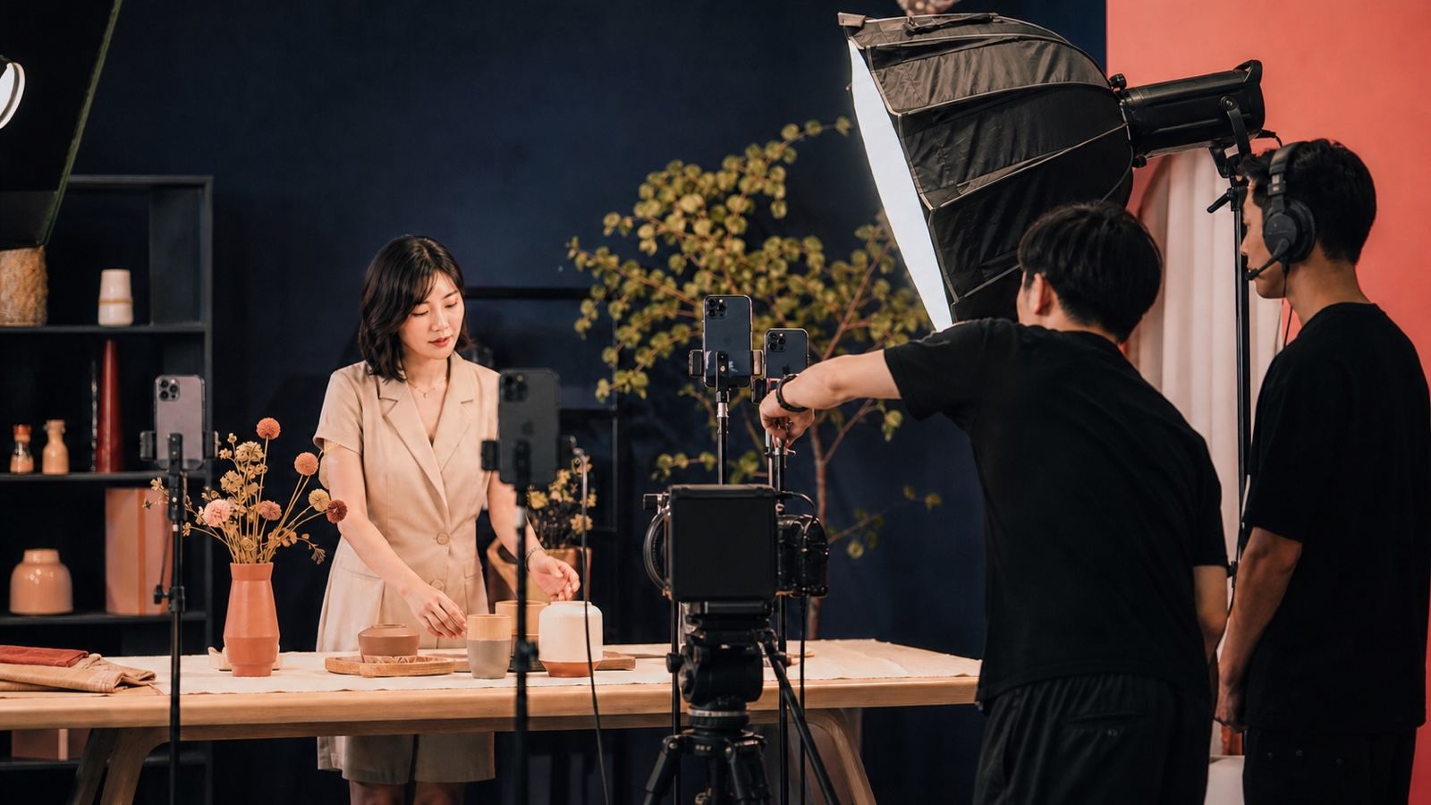 A logo-free social-commerce production crew filming a tabletop product demonstration for mobile viewers.