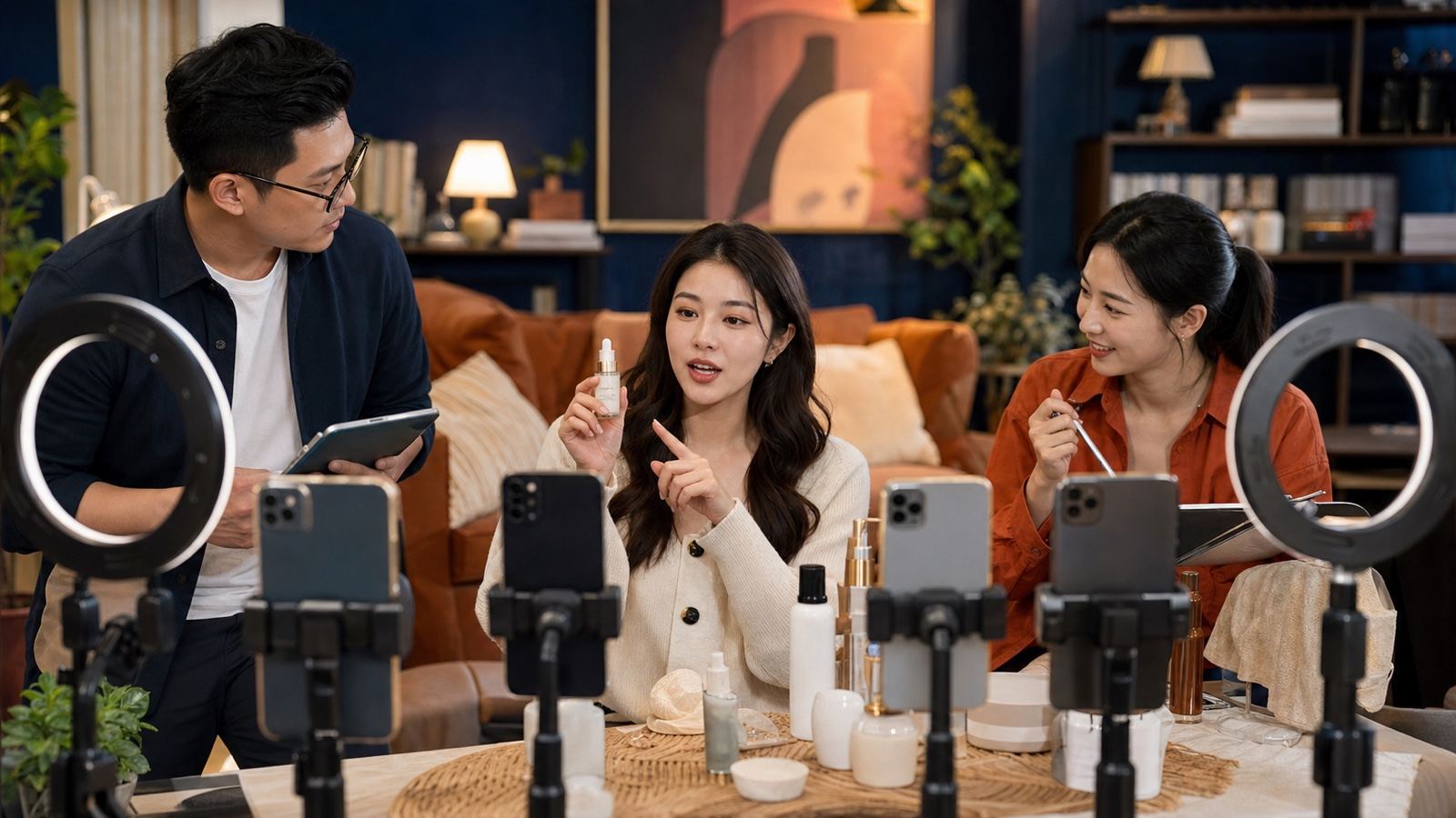 A logo-free social live-commerce team presenting beauty products to several phone cameras.