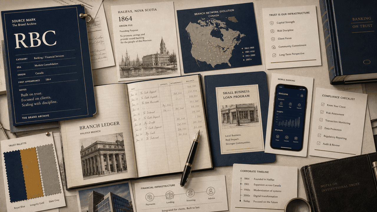 Premium editorial still-life of an RBC banking trust case with source-mark card, branch ledger, Halifax 1864 origin file, blue and gold trust swatches, small business loan folder, mobile banking card, compliance checklist, and Canada network map