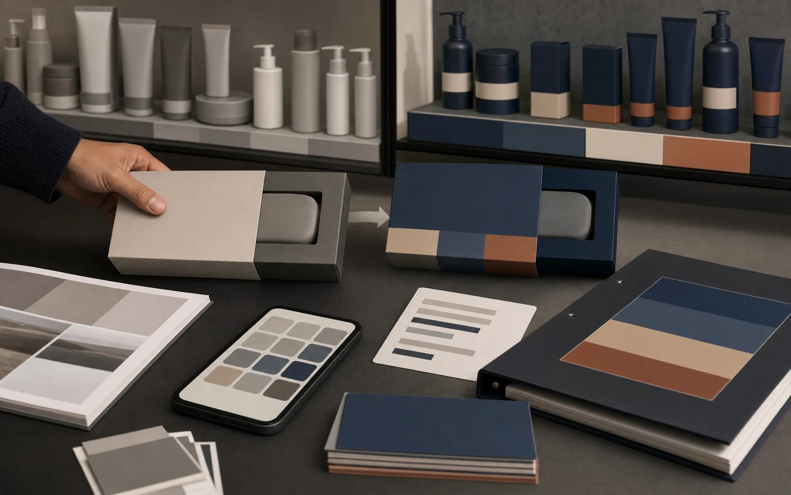 Original rebranding adoption visual with package transition, shelf, app grid, binder, and support surfaces.