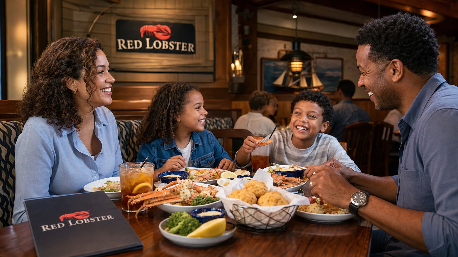 Family sharing seafood and biscuits in a warm Red Lobster dining room.
