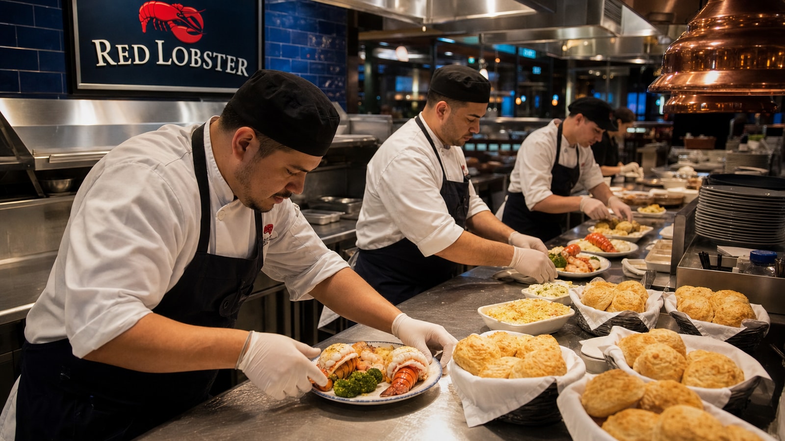 Red Lobster kitchen team plating seafood and biscuits during dinner service.